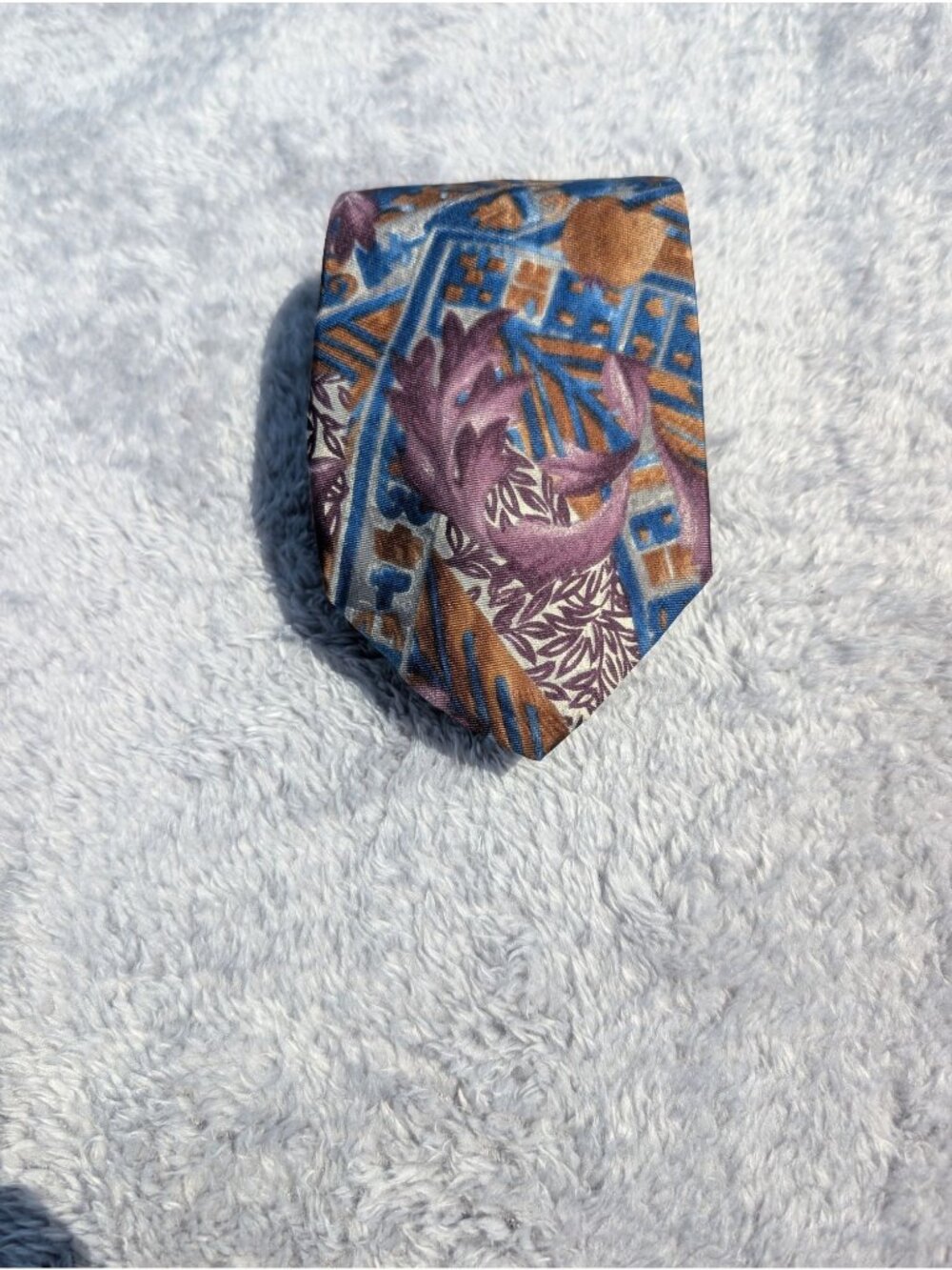 Boston Traders Mens Silk Tie With Abstract Floral & Geometric Design Purple & Bl